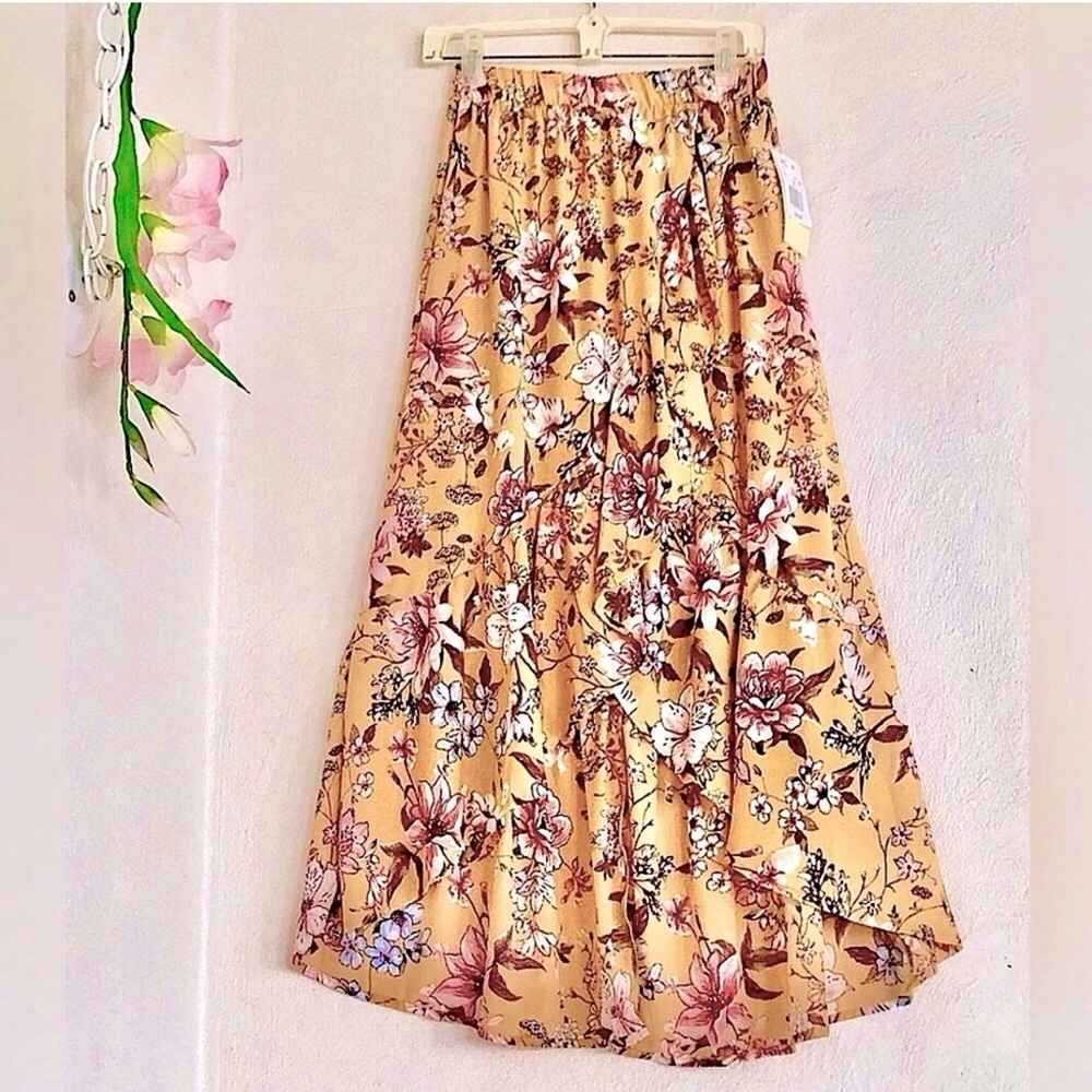 yellow floral elastic waist asymmetric tiered ruffles Maxi Skirt Size Small
